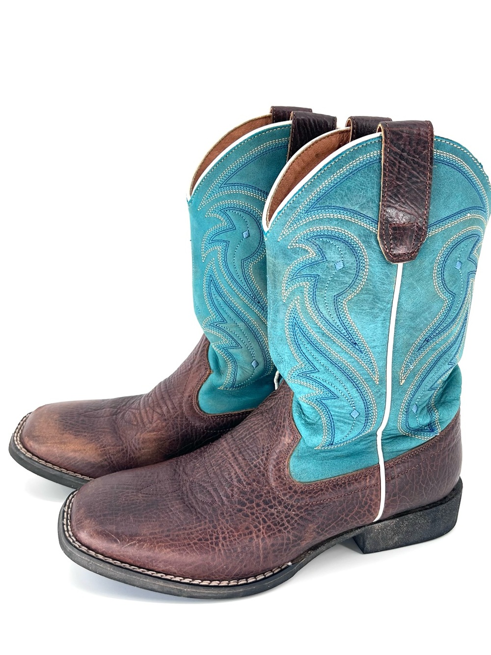 RANK 45 Boys' Connor Western Boots Sz 6 BROAD SQUARE TOE Blue Brown Cowboy Rodeo